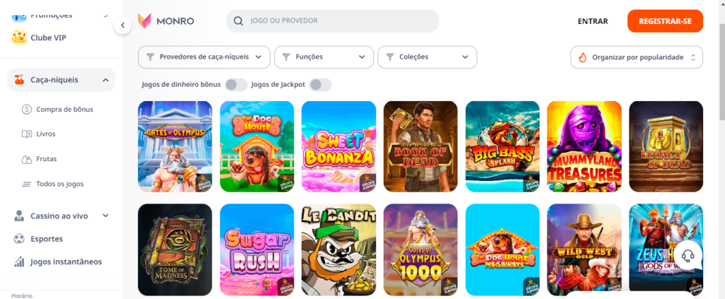 Seção de jogos de caça-níqueis - Monro Casino