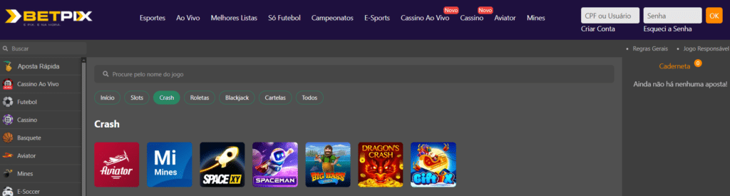 Seção de Jogos Crash - Betpix Casino
